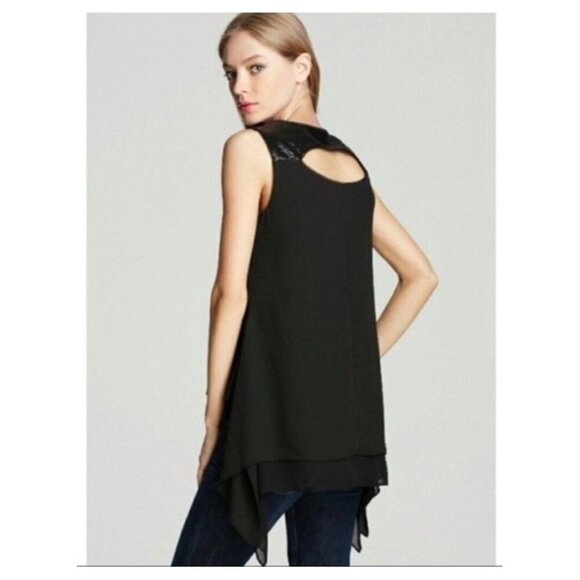 BCBGMaxAzria Bianca Top Black Chiffon & Sequined Eyelet, Blouse XXSmall - Picture 2 of 13